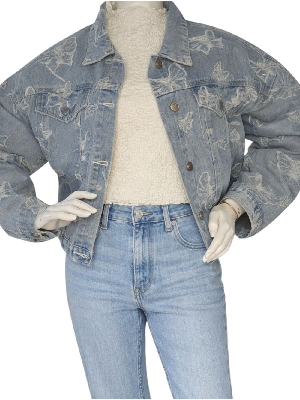 NWOT POL Butterfly Embroidered Denim Jacket L Soft Feminine Boho